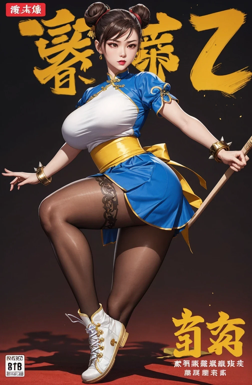 (Surreal,32k, masterpiece:1.2),(Highly detailed skin:1.1),( high quality:1.1),
chun li, Brown eyes, Brown hair, (Very good cover:1.5), Double the goodness, Eyeliner, Hair Bun, Lipstick, cosmetic, Pink lips,blue skirt, boots, bracelet, brown Pantyhose, china skirt, Chinese clothes, Cross lace shoes, skirt, Gold trim, jewelry, Pantyhose, Pelvic Curtain, Puff sleeves, sash, Short sleeve, Side slits, spiked bracelet, peak, White shoes,,Fighting Stance, Huge breasts, Large Breasts,(Glow in the Dark:1.1), Shaolin Temple,monastery , Chinese theme, Blurred background,