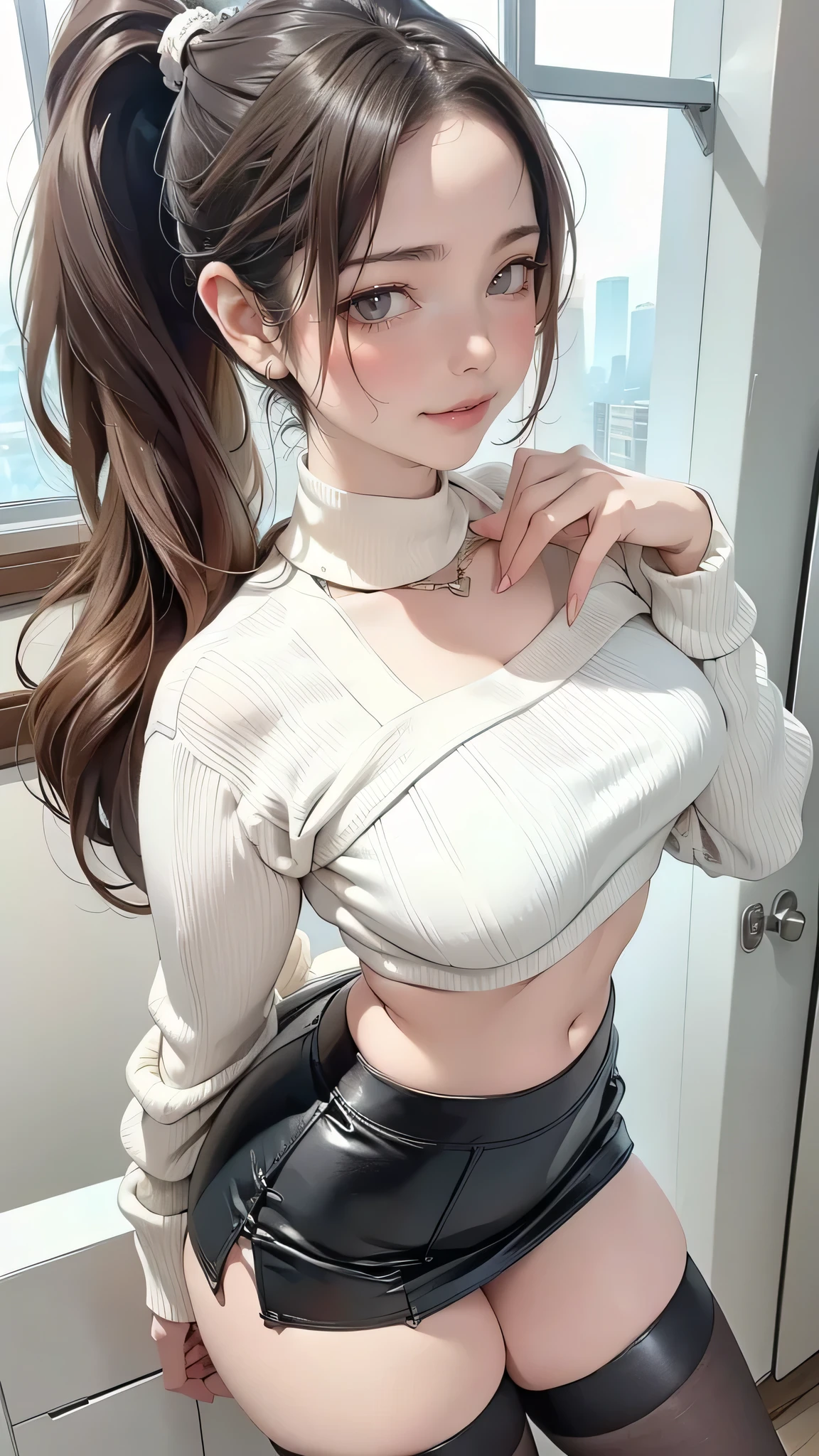(masterpiece:1.2, top-quality), (realistic, photorealistic:1.4), beautiful illustration, (natural side lighting, movie lighting), 
looking at viewer, fullbody, 1 girl, japanese, high school girl, perfect face, cute and symmetrical face, shiny skin, babyface, 
(middle hair, high ponytail:1.2, light brown hair), braided bangs, asymmetrical bangs, blue eyes, (middle breasts, seductive thighs, big ass), piercings, 
beautiful hair, beautiful face, beautiful detailed eyes, beautiful clavicle, beautiful body, beautiful chest, beautiful thigh, beautiful legs, beautiful fingers, 
((midriff, long sleeve, merlot turtleneck sweater, black leather pleated miniskirt, black thigh-highs)), light blue stripe panty, 
(beautiful scenery), evening, modern, cityscape, standing, (lovely smile, upper eyes),