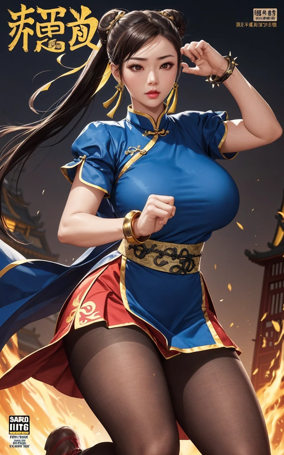 (Surreal,32k, masterpiece:1.2),(Highly detailed skin:1.1),( high quality:1.1),
chun li, Brown eyes, Brown hair, (Very good cover:1.5), Double the goodness, Eyeliner, Hair Bun, Lipstick, cosmetic, Pink lips,blue skirt, boots, bracelet, brown Pantyhose, china skirt, Chinese clothes, Cross lace shoes, skirt, Gold trim, jewelry, Pantyhose, Pelvic Curtain, Puff sleeves, sash, Short sleeve, Side slits, spiked bracelet, peak, White shoes,,Fighting Stance, Huge breasts, Large Breasts,(Glow in the Dark:1.1),  Shaolin Temple,monastery ,  Chinese theme, Blurred background,