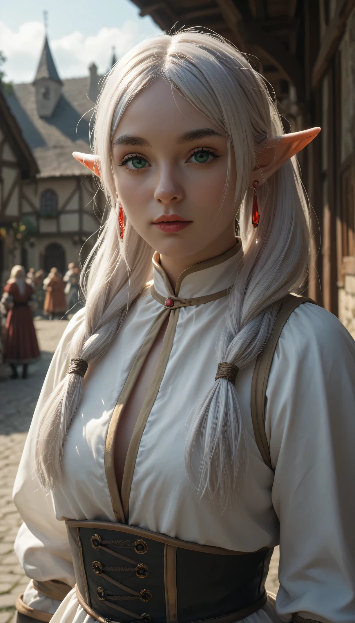 female elf with green eyes, thick eyebrows, long white hair parted in the middle and tied into two high pigtails, dark fantasy, frieren, looking at viewer, red earrings, medieval town