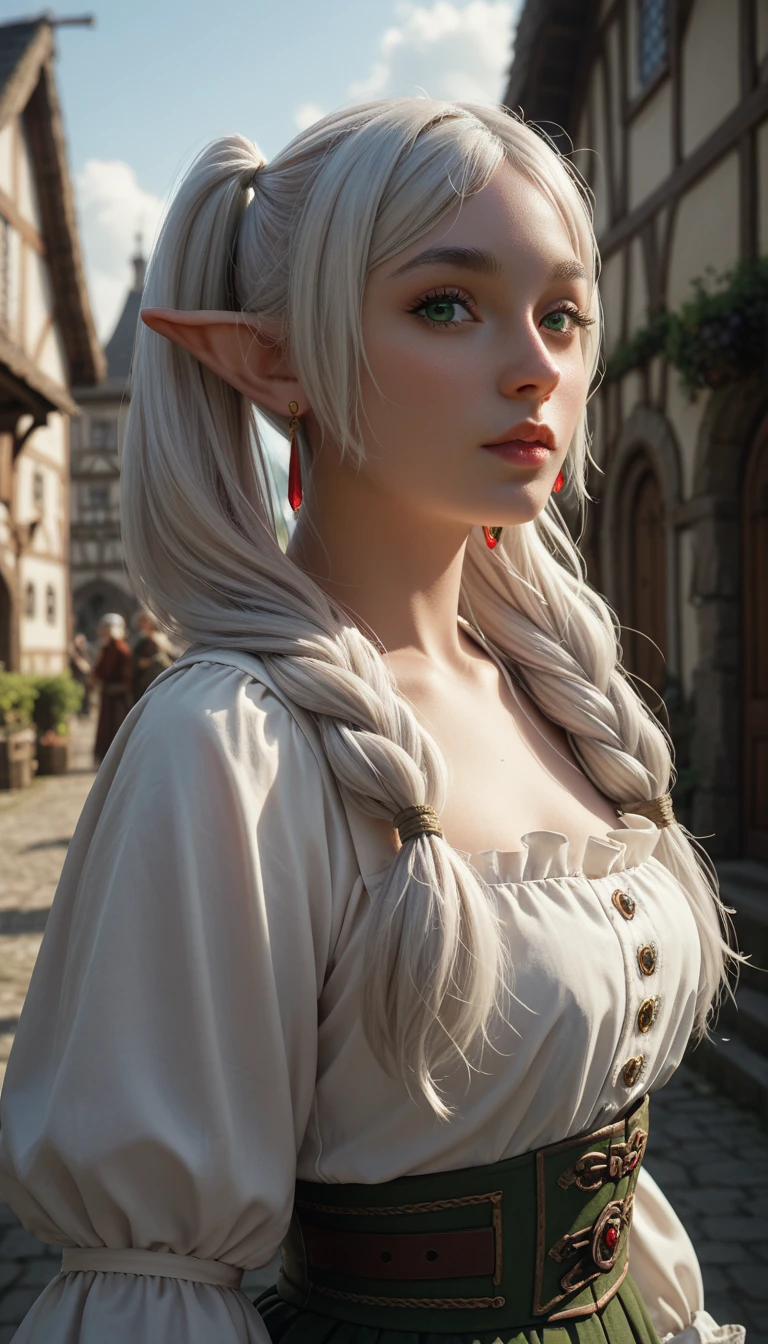 female elf with green eyes, thick eyebrows, long white hair parted in the middle and tied into two high pigtails, dark fantasy, frieren, looking at viewer, red earrings, medieval town