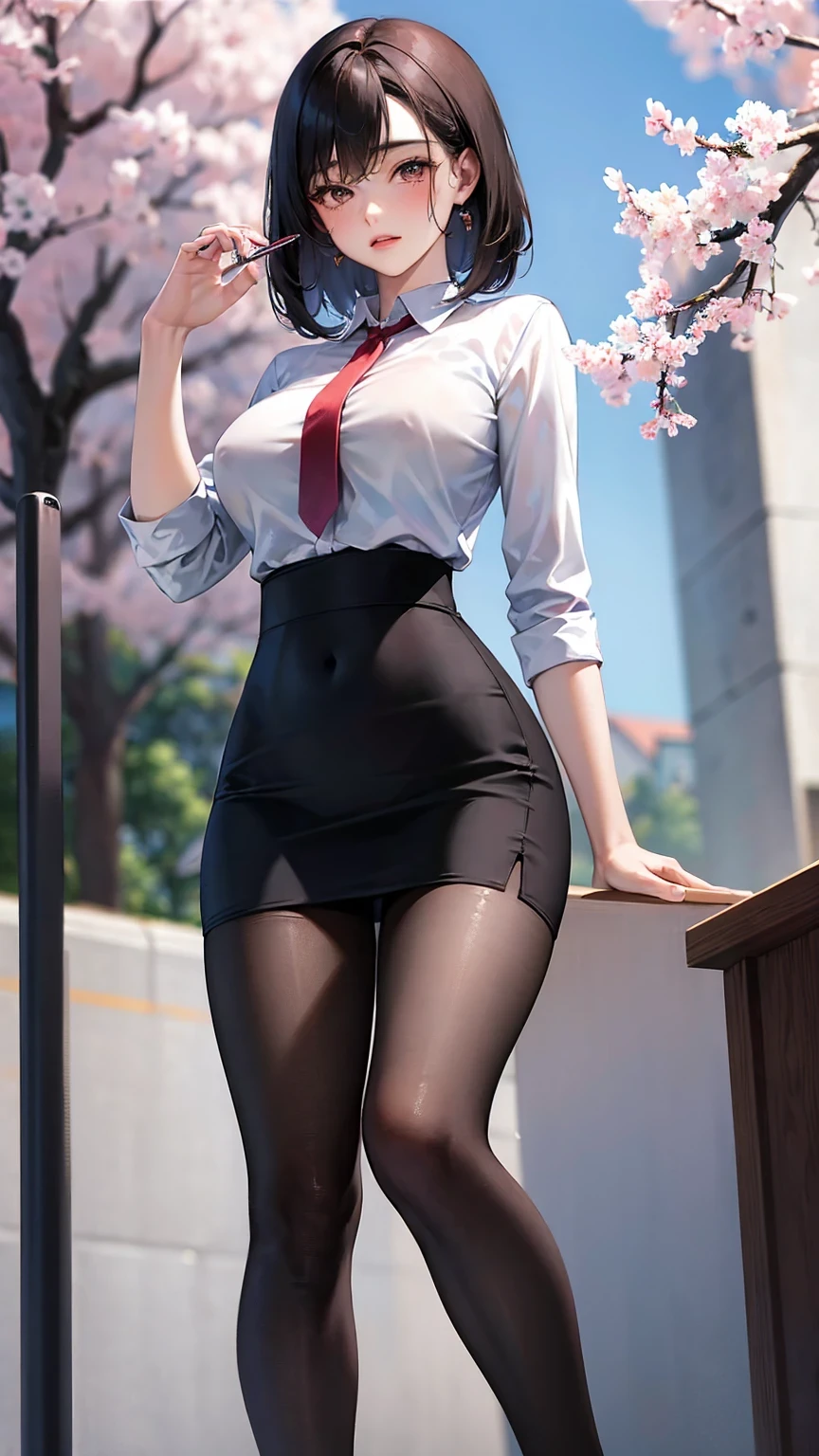 masterpiece, best quality,4girl,young girl, plum_pie eyes, brown, choppy bob,envious _face,shiny skin,medium breasts,nice leg line:1.3,thick thighs, thin waist,school uniform, thighhighs,necktie,((pencil skirt)),red color high heels, pantyhose, , Pathway_lined_with_blooming_cherry_blossom_trees,,looking at viewer,from below,full body, legsupsexms,