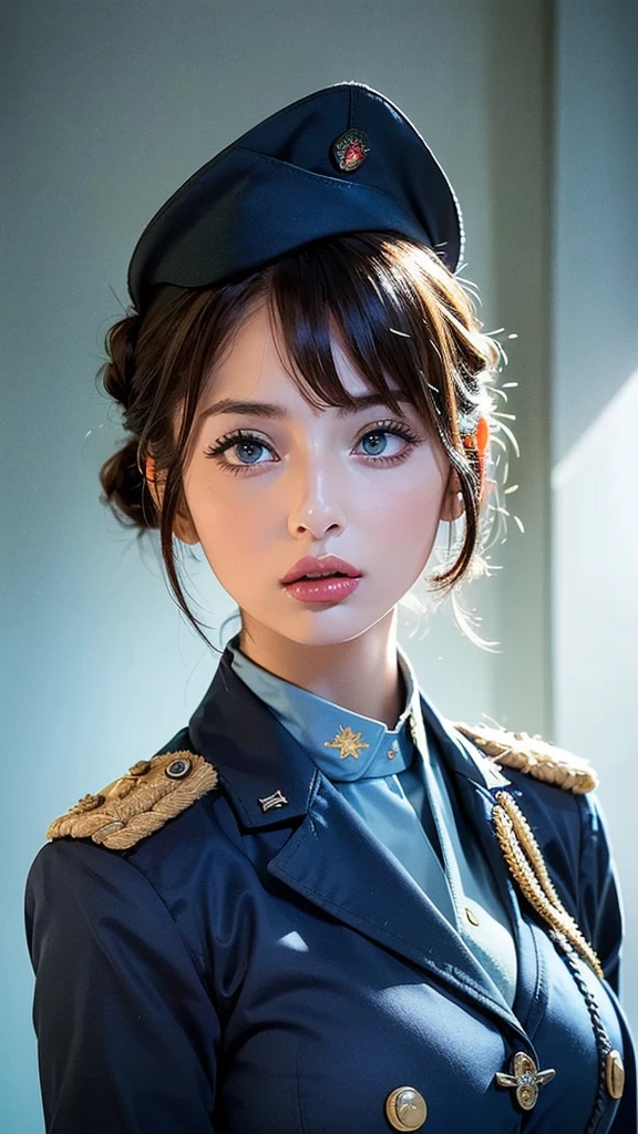 ( highest resolution,  clear_image)  top quality, Single,  one woman, Alone,   Masterpiece  ,((Upper Body)), ((Big breasts)),((realistic:1.2)), high definition, Semi-realistic, Black short hair,  black hair , bangs, 18 years old,  mature, ((light blue   military uniform :1.4)),   ((military uniform:1.4)) ,  indoor background,  kind, Dignified, Powerful,  exquisite face ,  exquisite face 