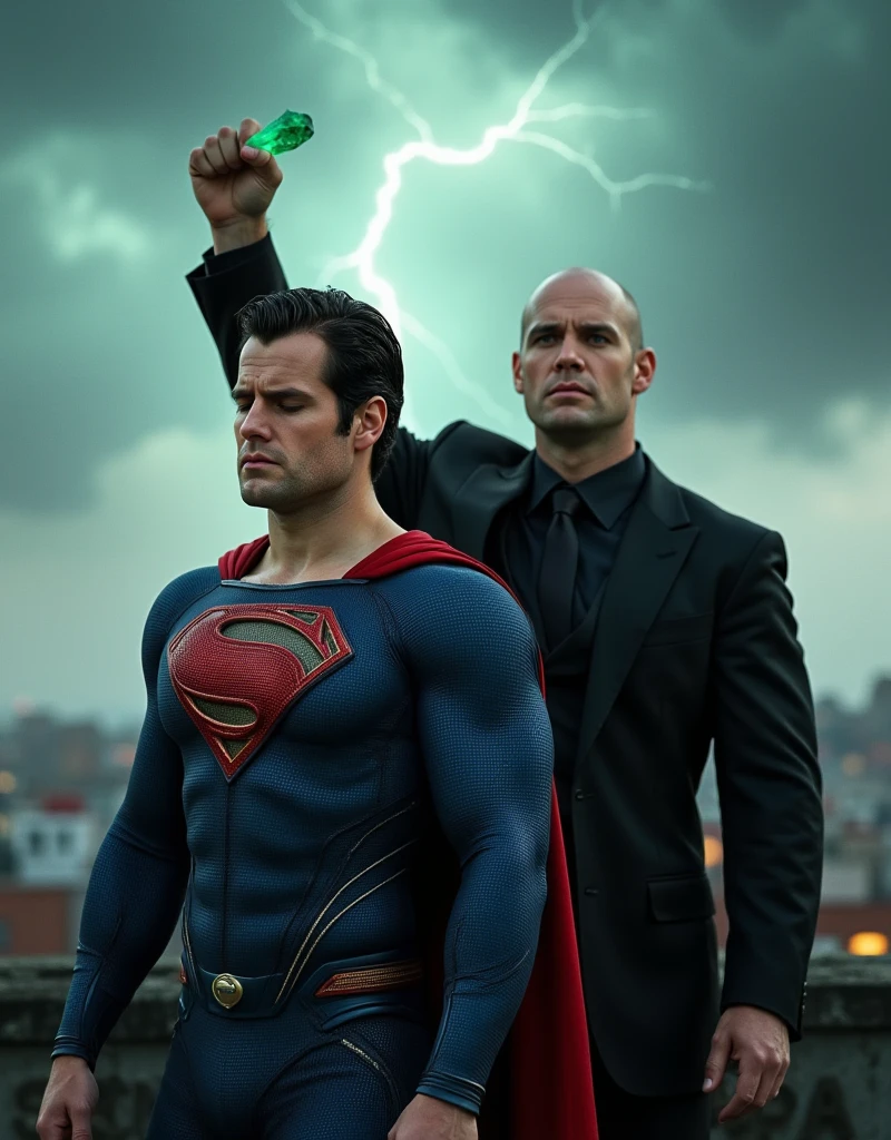 Portrait-style image featuring two men on city rooftop, a electrical storm background. The man on the front is walking with difficulty, pained facial expression, almost unconscious, his eyes are closed, he looks like, h3nr4, Henry Cavill, dressed in a Superman costume, characterized by a blue suit with a large red and yellow 'S' emblem on the chest. He has short, dark hair, Short stubble, light skin, pained facial expression, almost unconscious. The man on the back is bald, has light skin, and is wearing a black suit with a black shirt and tie. He has a serious expression and is holding up his right fist, holding a green ctistal that emits a faint glow. The overall composition suggests a dynamic interaction between the two characters.