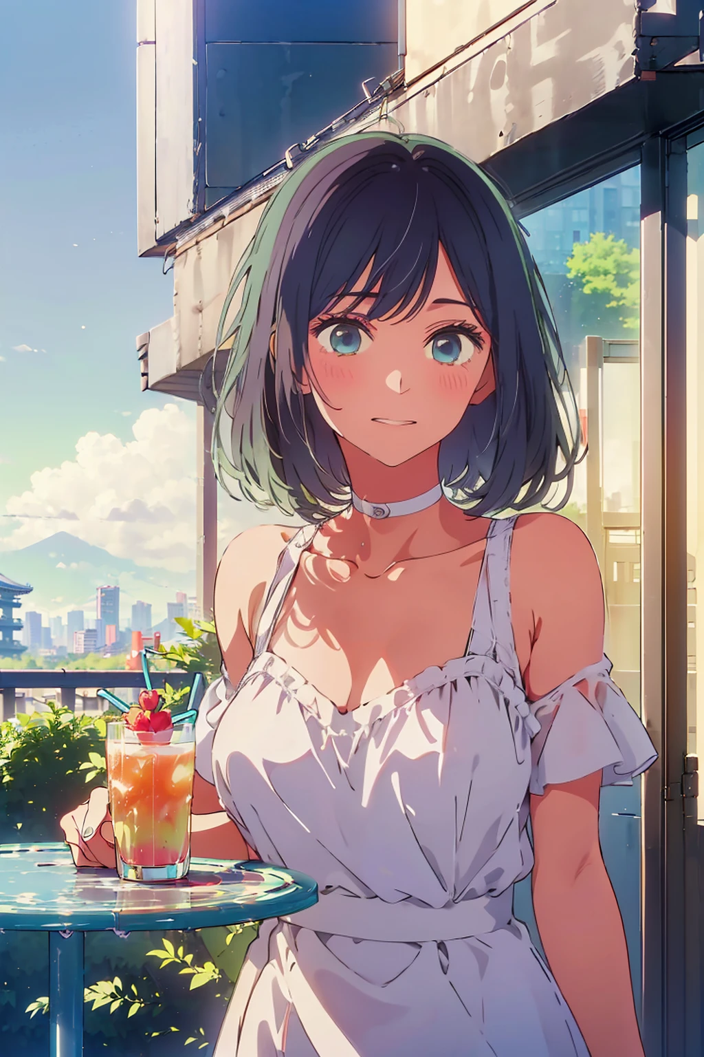 (Highest quality:1.4、masterpiece:1.4、Super detailed:1.4、8K:1.4)、F cup bust、Big Breasts、Slim body、((((1 person、Surprised expression、sit、Outdoor café terrace、coastal、juice、table、Sandy Beach、bikini、juiceのグラスを持つ、Big eyes、Shallow depth of field、Very cute face))))、sunset、Sunset