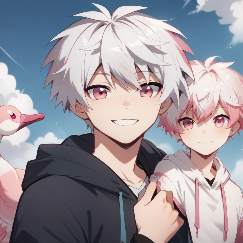 I boy, (white hair)(messy short hair) ((wearing oversized hoodie)) ((flamingo pink colour hoodie))((bald )) ((silky hair)) ((pink eyes)) (upper body) (cute) (smile) (blush) ((white hair)) (ken kaneki white hairstyle)