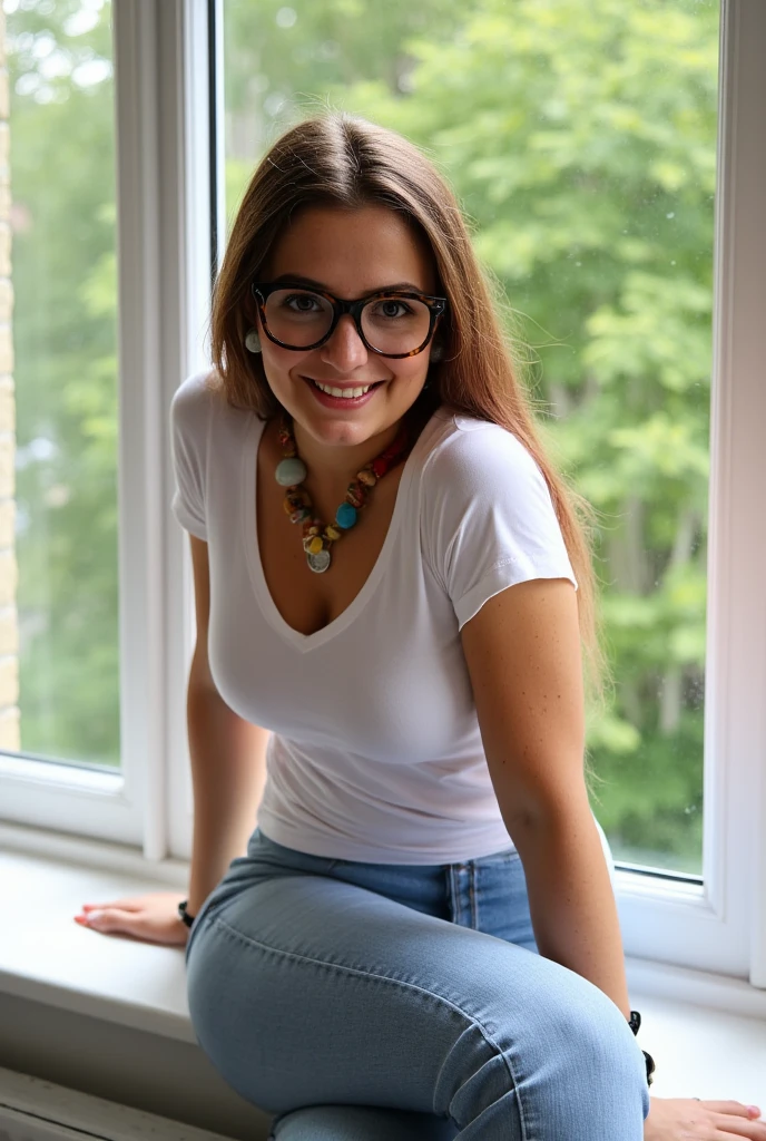 film photography, beautiful girl with black rim glasses, teal button shirt, leather pants outdoors desert ruins, broken columns and arches, smiling, fashion photo., realistic skin, professional photographer, depth of field, bokeh, shot on D3100, shot on EOS R, EF 85 mm f/1,4 L IS US <lora:epiCRealismHelper:.8>, <lora:[SE]_-_Britt_Ekland:1> mt-brittekland