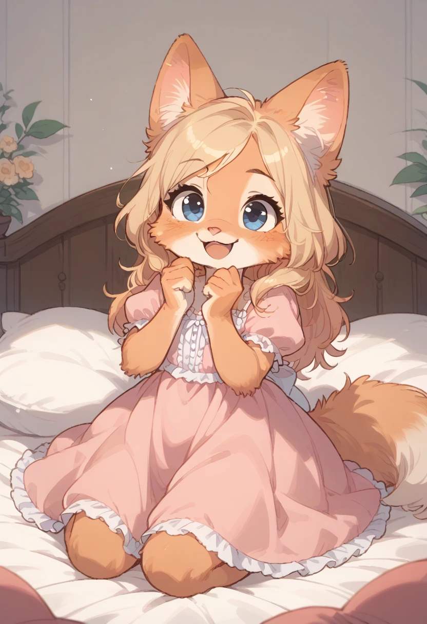 score_9, score_8_up, score_7_up, 1girl, alone, little fox, baby, , furry, Diane Foxington, with hair, blonde hair, long hair, blue Eyes, sitting in bed, pink dress, princess dress, open mouth, happy, cute