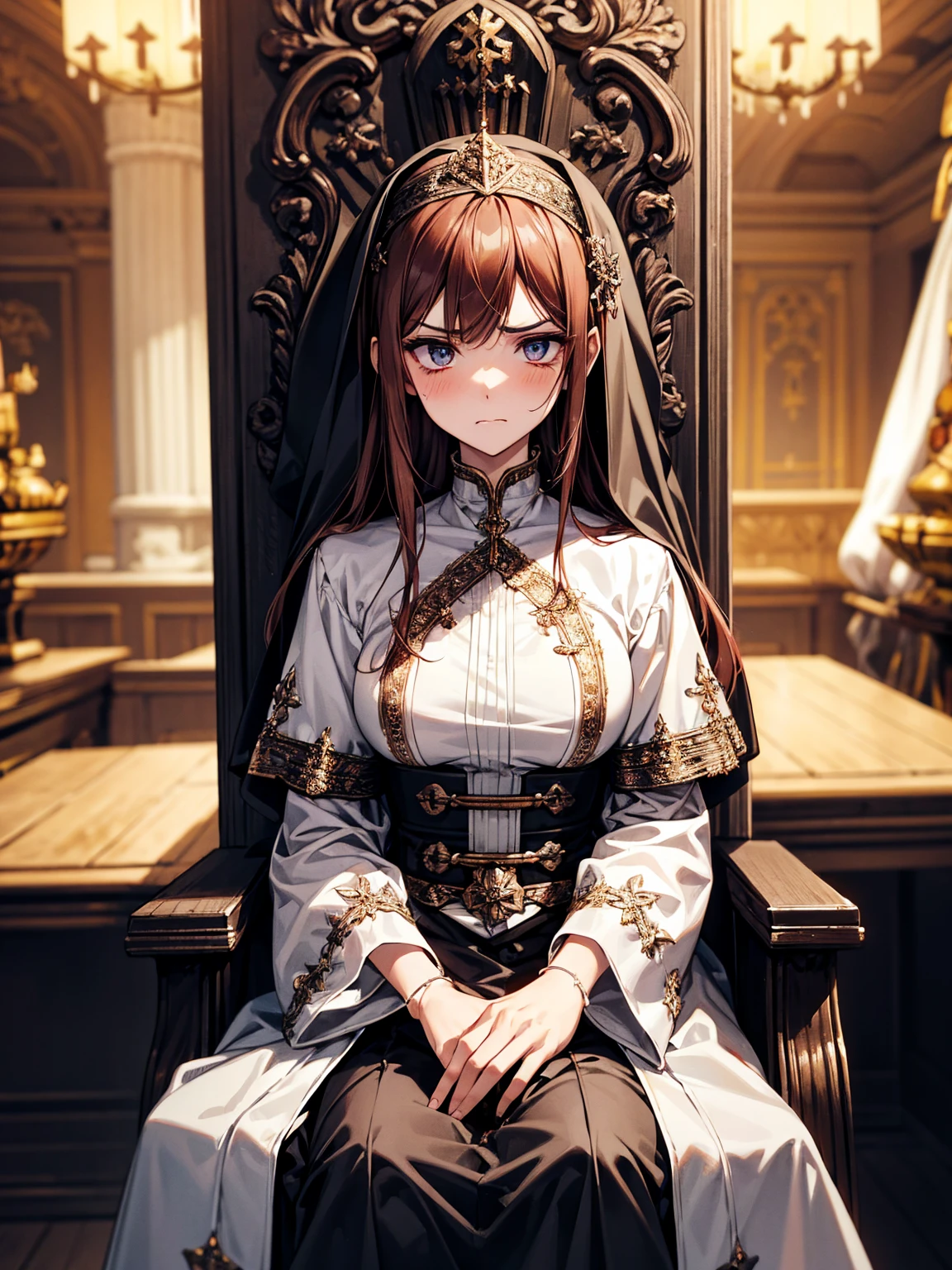 A beautiful young nun with honey-colored eyes that shimmer like crystals, exuding an air of innocence and serenity. She has fair, porcelain-like skin and long, flowing brown hair partially visible beneath her traditional nun’s headdress. Her black cassock is adorned with intricate white and gold embroidery, enhancing its elegance while modestly covering her graceful figure. The cassock flows naturally, its fine details adding an aura of refinement and sanctity. Break in horror dark cave, Break ((bondage chair:1.4)), sitting on chair, bound hands for chair, BREAK spreading legs, speculum, ((plastic speculum insertion in to pussy:1.3)), vaginal hole, high quality of vagina, vivid pussy, ((a lot of public hairs:1.4)), BREAK full face blush, embarrassed, ((defiant look:1.4)), ((tearing:1.4)), bit lips, blush,  BREAK steam, tremble,