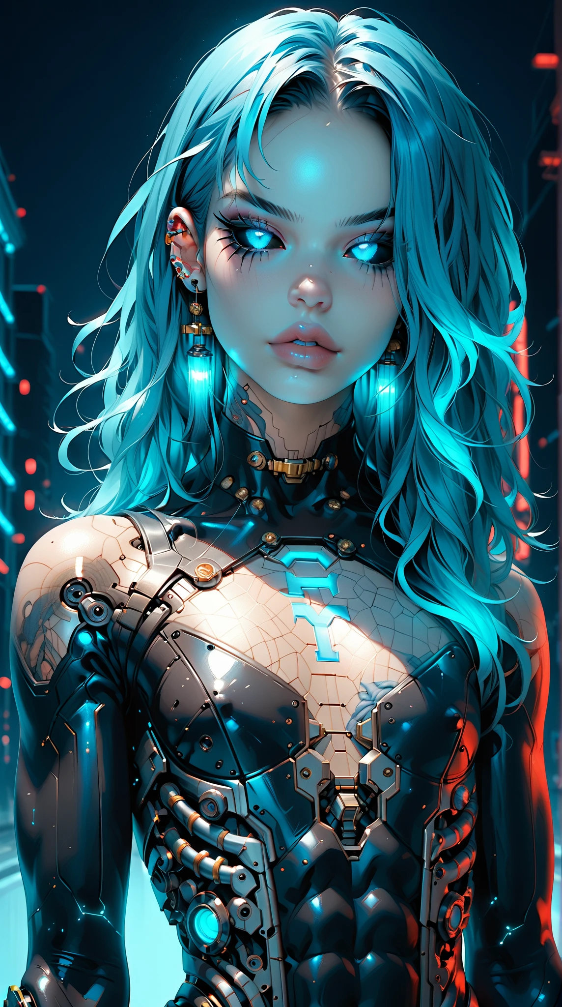 (nsfw:1), (Uncensored:1), score_9, score_8_up, score_7_up, (Three quarters Shot), (1 girl), (asian), beautiful teenage (skinny) muscular goth cyborg girl, (full Cybernetic bodysuit:1.5), (black sclera:1.5), (blue glowing eyes:1.5), (blue glowing body veins:1.5), (flat chest:1.25), (blue glowing hair:1.25), (beautiful face:1.25), (bodybuilder femboy physique:1.25), (skinny long legs:0.75), (intricate gold filagree:1.25), bimbo lips, cowboy shot, cybernetic, mechanoid body parts, exposed cables and circuits, neon lights, gothic neon style, cyber punk style, super realistic image, beautiful digital paint , hyper Realistic illustrations, ImgFixerPre0.3