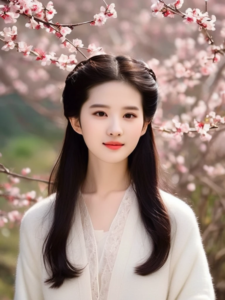 Someone with looks that combines IU's and Yifei Liu's looks would actually look like. She would have a soft, delicate look with features like Liu Yifei’s, but with IU’s gentle, expressive eyes and warm smile. A balance between elegance and warmth, with a hint of playfulness. combining IU’s gentle, soulful charm with Liu Yifei’s ethereal elegance would create someone breathtaking. She has the kind of presence that feels both approachable and otherworldly, with delicate features that convey strength and grace. Her eyes are filled with emotion, drawing people in, while her smile lightd up the room with warmth and sincerity. Wearing a cozy sweater with a crisp white shirt underneath. Wearing a crisp white shirt layered with a cozy sweater and paired with dark jeans.  realistic photo, high resolution, 4K,

