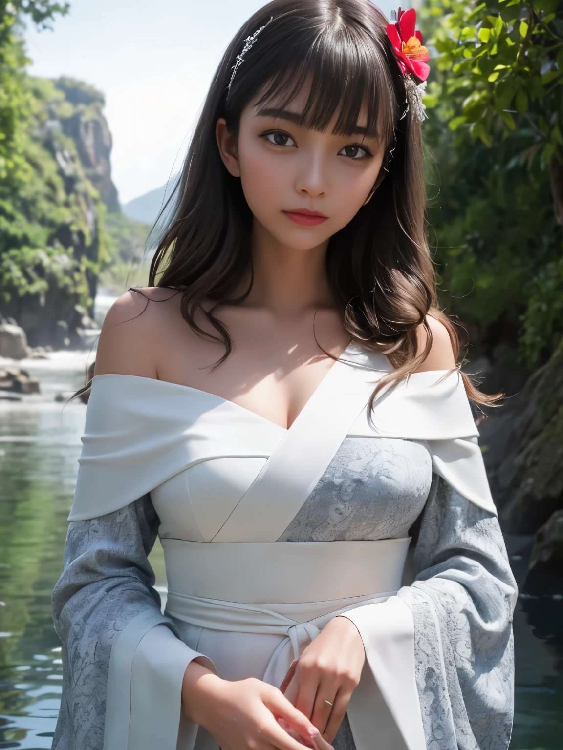 (Ultra high definition、Photorealistic、masterpiece)、raw、50mm、f1.4、Single-lens reflex camera、The mysterious maid、Baby Face、 (Musashi Miyamoto)、 Wielding a long Japan sword、Split with a powerful blow、Wrapped in a fog that blocks visibility、Revealing a vivid and otherworldly scene、Hazy background、The clarity of the sword strike、Burning earth in the background、volcano、lava、White Fox、A mysterious layer of mist covers the foreground、Earrings、Clear Eyes、Exquisite and delicate kimono、Dramatic lighting and colors、