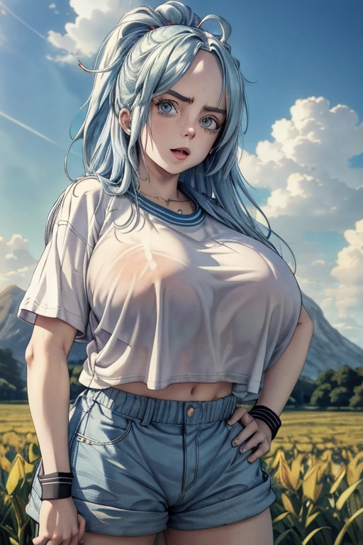 Billie Eilish, masterpiece, best quality, defwhitney, hair ornament, white shirt, short sleeves, blue shorts, wristband, large breasts, upper body, field, sky, clouds, looking at viewer, :D, hands to hips