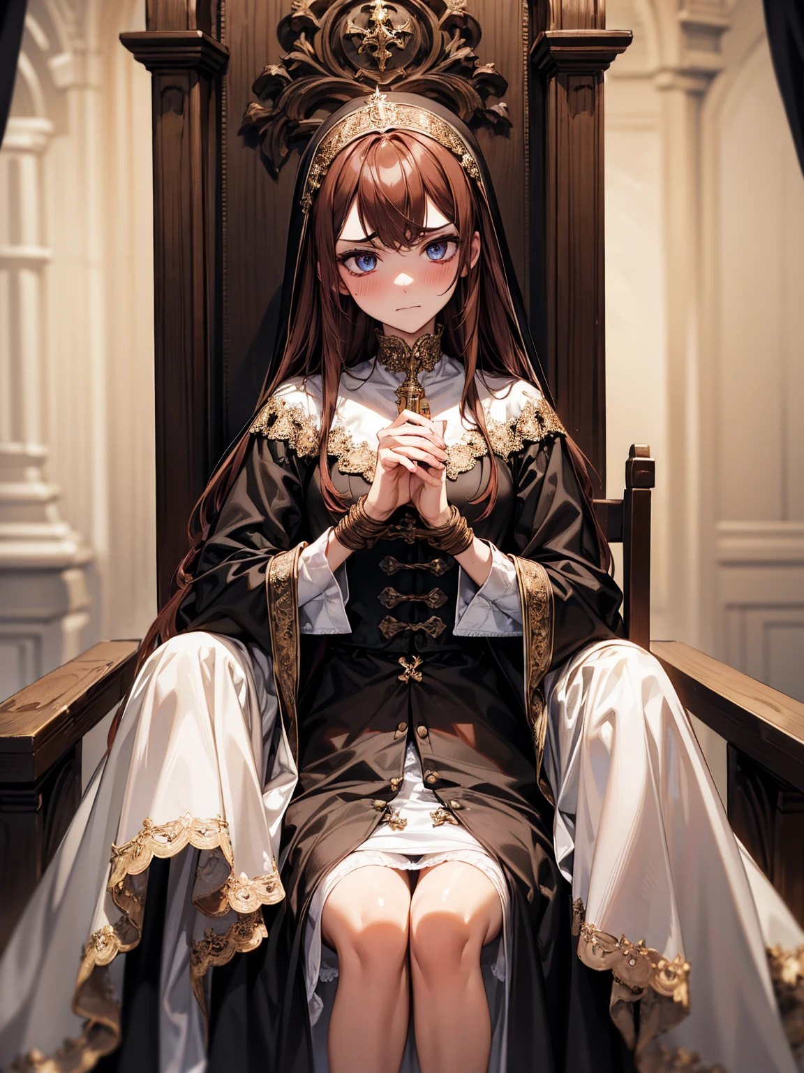 A beautiful young nun with honey-colored eyes that shimmer like crystals, exuding an air of innocence and serenity. She has fair, porcelain-like skin and long, flowing brown hair partially visible beneath her traditional nun’s headdress. Her black cassock is adorned with intricate white and gold embroidery, enhancing its elegance while modestly covering her graceful figure. The cassock flows naturally, its fine details adding an aura of refinement and sanctity. Break in horror dark cave, Break ((bondage chair:1.4)), sitting on chair, bound hands for chair, BREAK spreading legs, speculum, ((plastic speculum insertion in to pussy:1.3)), vaginal hole, high quality of vagina, vivid pussy, ((a lot of public hairs:1.4)), BREAK full face blush, embarrassed, ((defiant look:1.4)), ((tearing:1.4)), bit lips, blush,  BREAK steam, tremble,