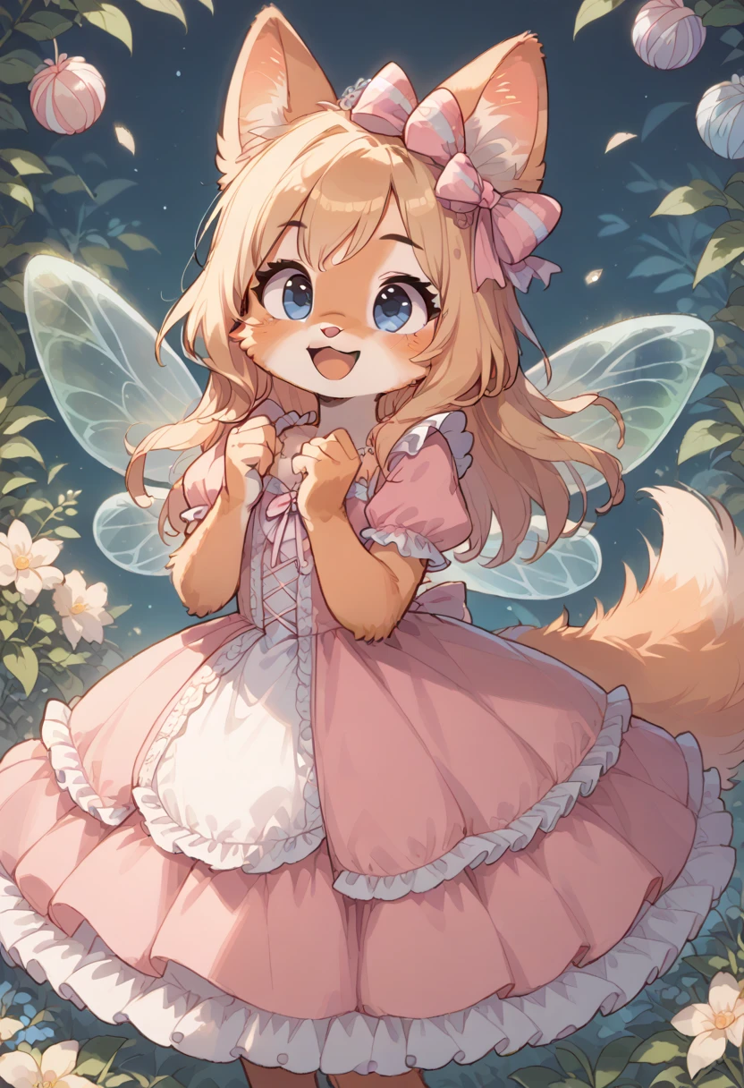 score_9, score_8_up, score_7_up, 1girl, alone, ****** fox, ****, , furry, Diane Foxington, with hair, blonde hair, long hair, blue Eyes, pink dress, princess dress, detailed dress, hair bow, ribbons, fairy wings, birthday hat, open mouth, happy, cute