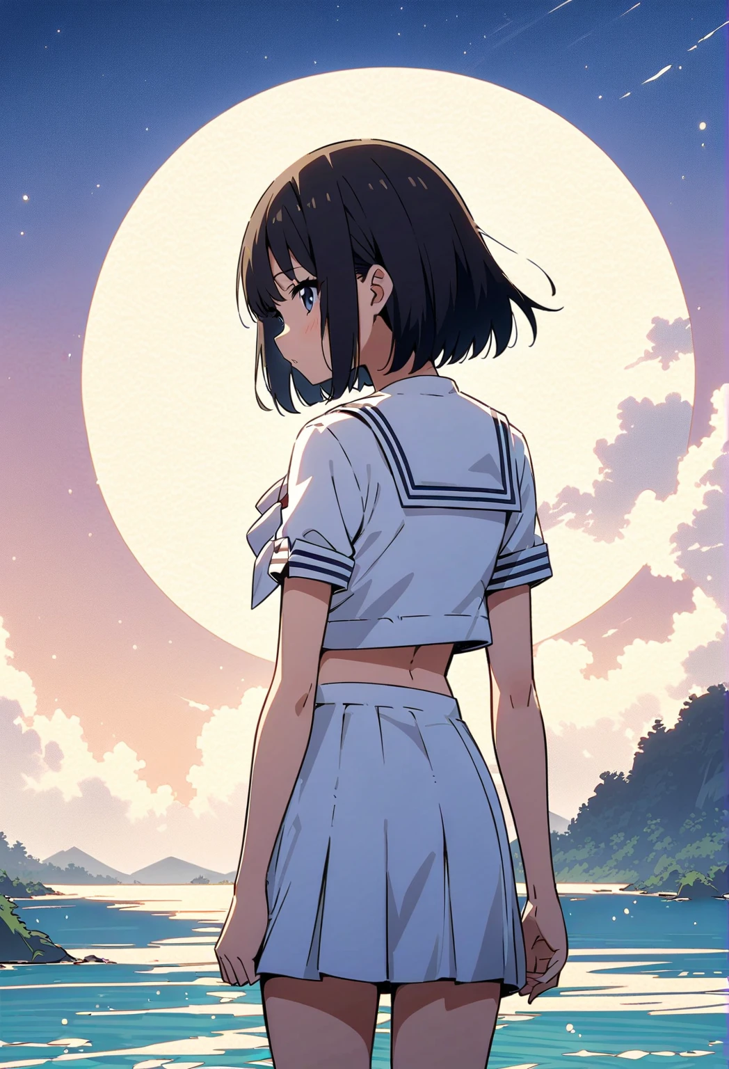 
{{Kofune Mio}}, {summertime render}, sailor suit 、 Animation Art 、 back view