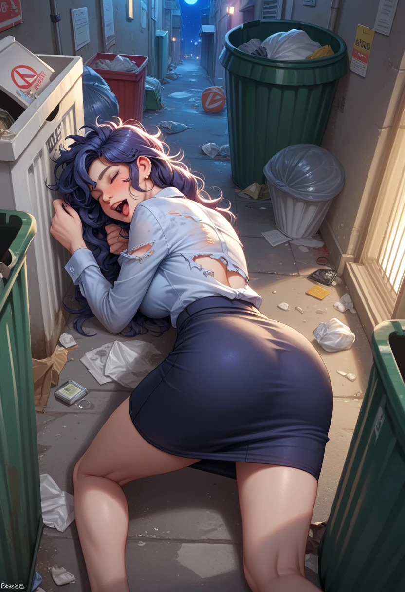 score_9, score_8_up, score_7_up, score_6_up, score_5_up, score_4_up, source_anime, solo focus, office girl, eyes closed, drunk, drunk girl, mouth open, drolling, passed out, (fall asleep), top-down bottom-up, ((inside trash bin)), disheveled clothes, skirt lifted, messy hair, dirty clothes, torn clothes, (midnight), ((night time)), dim light, alley, topple over, dramatic angle