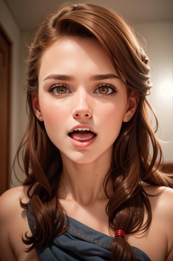 1girl, open mouth, brown hair, 22 year old girl, realistic, perfect skin perfect model face , Scottish , masterpiece , lens flare lighting, real life, detailed facial features ,