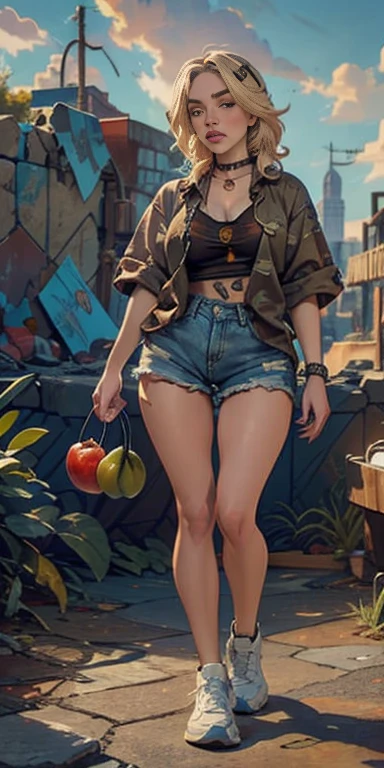 Billie Eilish, 2076 year. The Urban Ruins of the Wasteland, Female huntress picking fruit in the garden, beautiful face, blonde, badly torn shirt and denim shorts ,  long legs, sweating through, sun rising, Nice warm colors, head to toe full body shot