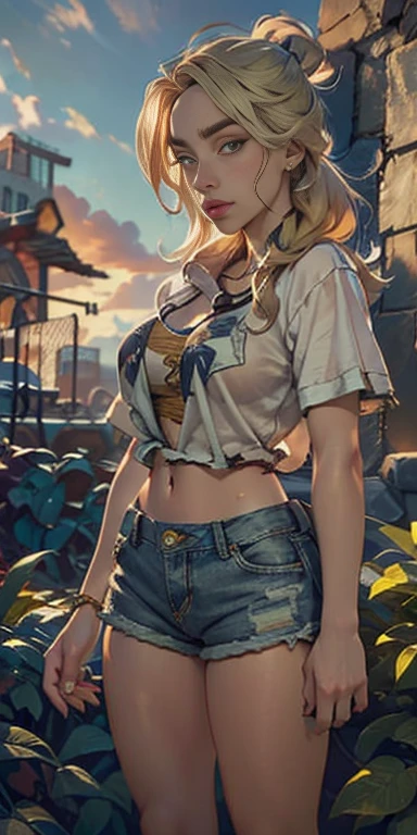 Billie Eilish, 2076 year. The Urban Ruins of the Wasteland, Female huntress picking fruit in the garden, beautiful face, blonde, badly torn shirt and denim shorts ,  long legs, sweating through, sun rising, Nice warm colors, head to toe full body shot