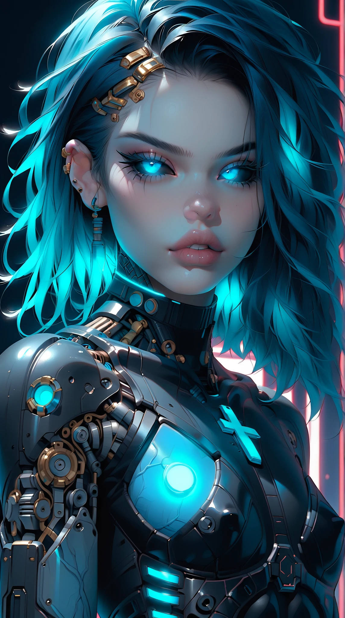 (nsfw:1), (Uncensored:1), score_9, score_8_up, score_7_up, (Three quarters Shot), (1 girl), (asian), beautiful teenage (skinny) muscular goth cyborg girl, (full Cybernetic bodysuit:1.5), (black sclera:1.5), (blue glowing eyes:1.5), (blue glowing body veins:1.5), (flat chest:1.25), (blue glowing hair:1.25), (beautiful face:1.25), (bodybuilder femboy physique:1.25), (skinny long legs:0.75), (intricate gold filagree:1.25), bimbo lips, cowboy shot, cybernetic, mechanoid body parts, exposed cables and circuits, neon lights, gothic neon style, cyber punk style, super realistic image, beautiful digital paint , hyper Realistic illustrations, ImgFixerPre0.3