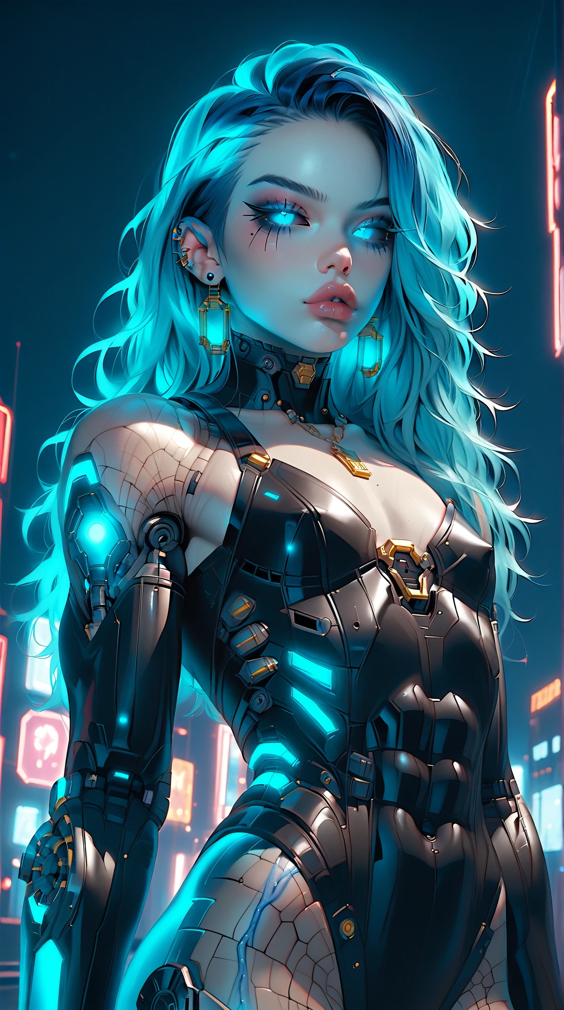 (nsfw:1), (Uncensored:1), score_9, score_8_up, score_7_up, (Three quarters Shot), (1 girl), (asian), beautiful teenage (skinny) muscular goth cyborg girl, (full Cybernetic bodysuit:1.5), (black sclera:1.5), (blue glowing eyes:1.5), (blue glowing body veins:1.5), (flat chest:1.25), (blue glowing hair:1.25), (beautiful face:1.25), (bodybuilder femboy physique:1.25), (skinny long legs:0.75), (intricate gold filagree:1.25), bimbo lips, cowboy shot, cybernetic, mechanoid body parts, exposed cables and circuits, neon lights, gothic neon style, cyber punk style, super realistic image, beautiful digital paint , hyper Realistic illustrations, ImgFixerPre0.3