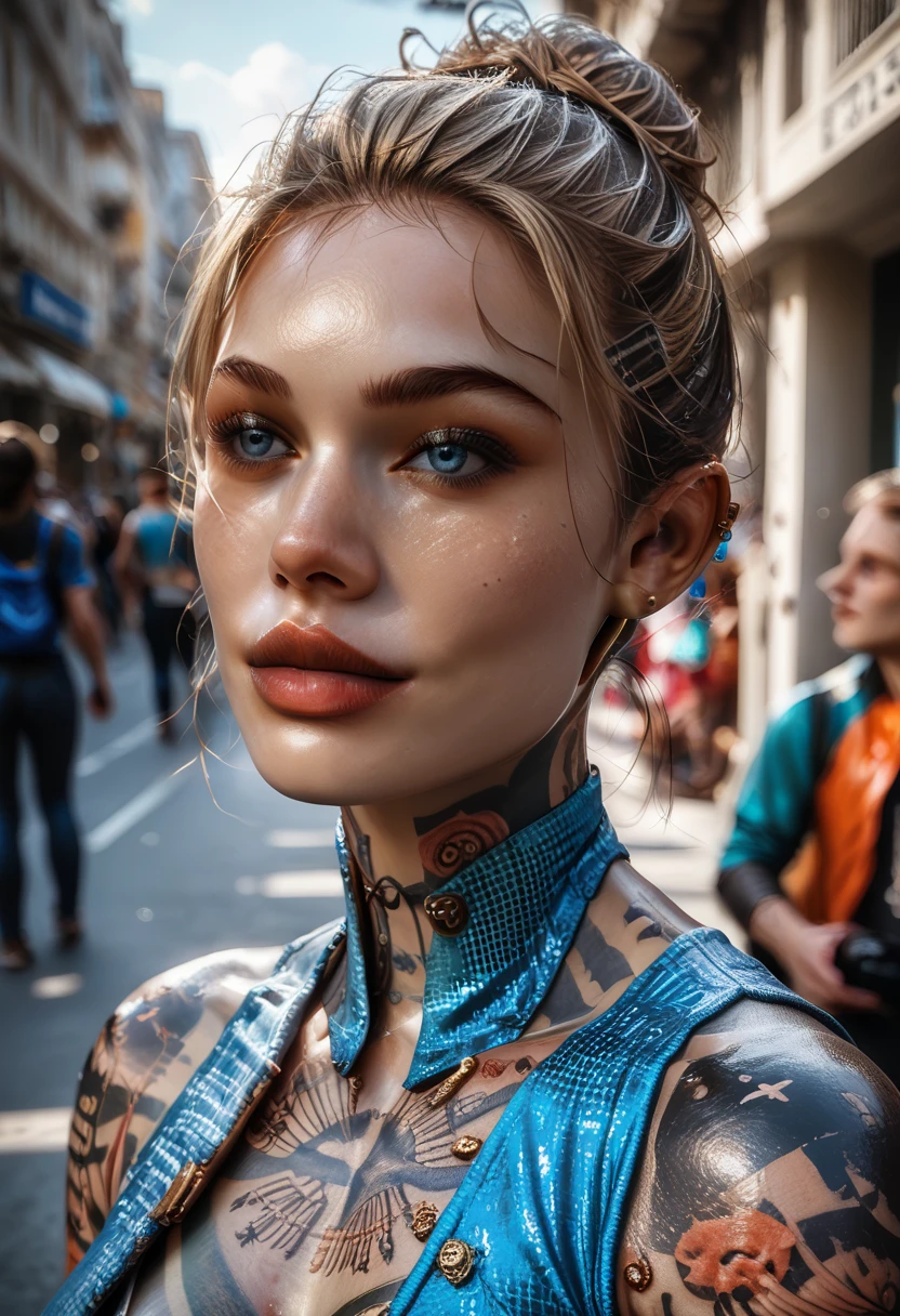 Late 30s woman, Sandy blonde hair in a messy bun, small bust, (colored mandala tattoos:1.37), (wearing a bodycon dress), 1/4 turned away, dynamic catwalk strutting in a crowded NYC street, (wide angle:1.27), 8k, photorealistic, intricately detailed tattoos, (pale white skin), light smile, bright blue eyes, detailed eyes and lips, human anatomy, d3t41l3d 