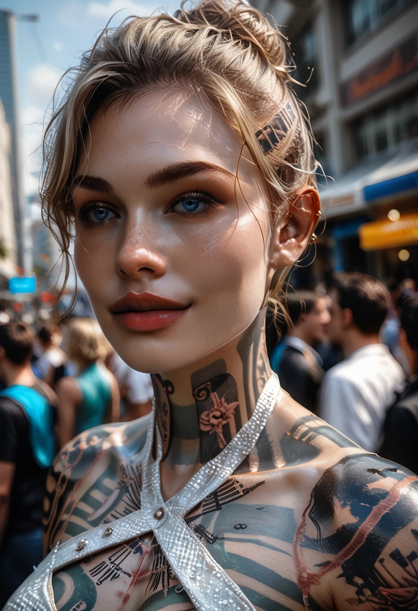 Late 30s woman, Sandy blonde hair in a messy bun, small bust, (colored mandala tattoos:1.37), (wearing a bodycon dress), 1/4 turned away, dynamic catwalk strutting in a crowded NYC street, (wide angle:1.27), 8k, photorealistic, intricately detailed tattoos, (pale white skin), light smile, bright blue eyes, detailed eyes and lips, human anatomy, d3t41l3d 