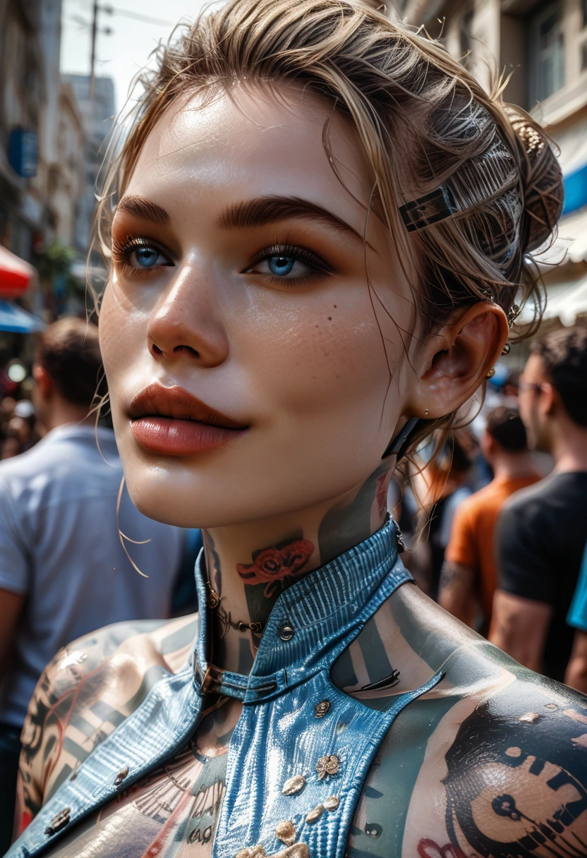 Late 30s woman, Sandy blonde hair in a messy bun, small bust, (colored mandala tattoos:1.37), (wearing a bodycon dress), 1/4 turned away, dynamic catwalk strutting in a crowded NYC street, (wide angle:1.27), 8k, photorealistic, intricately detailed tattoos, (pale white skin), light smile, bright blue eyes, detailed eyes and lips, human anatomy, d3t41l3d 