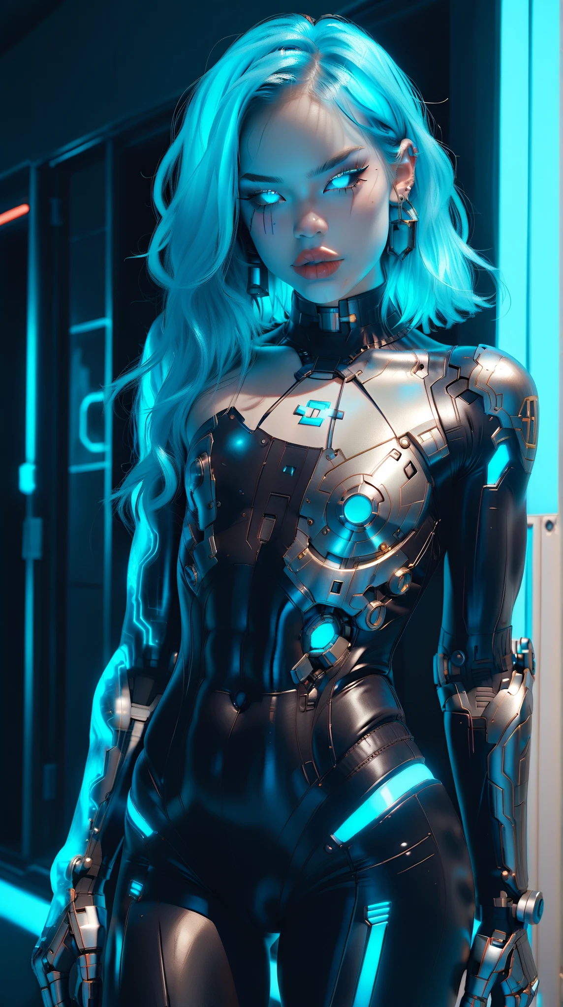 (nsfw:1), (Uncensored:1), score_9, score_8_up, score_7_up, (Three quarters Shot), (1 girl), (asian), beautiful teenage (skinny) muscular goth cyborg girl, (full Cybernetic bodysuit:1.5), (black sclera:1.5), (blue glowing eyes:1.5), (blue glowing body veins:1.5), (flat chest:1.25), (blue glowing hair:1.25), (beautiful face:1.25), (bodybuilder femboy physique:1.25), (skinny long legs:0.75), (intricate gold filagree:1.25), bimbo lips, cowboy shot, cybernetic, mechanoid body parts, exposed cables and circuits, neon lights, gothic neon style, cyber punk style, super realistic image, beautiful digital paint , hyper Realistic illustrations, ImgFixerPre0.3