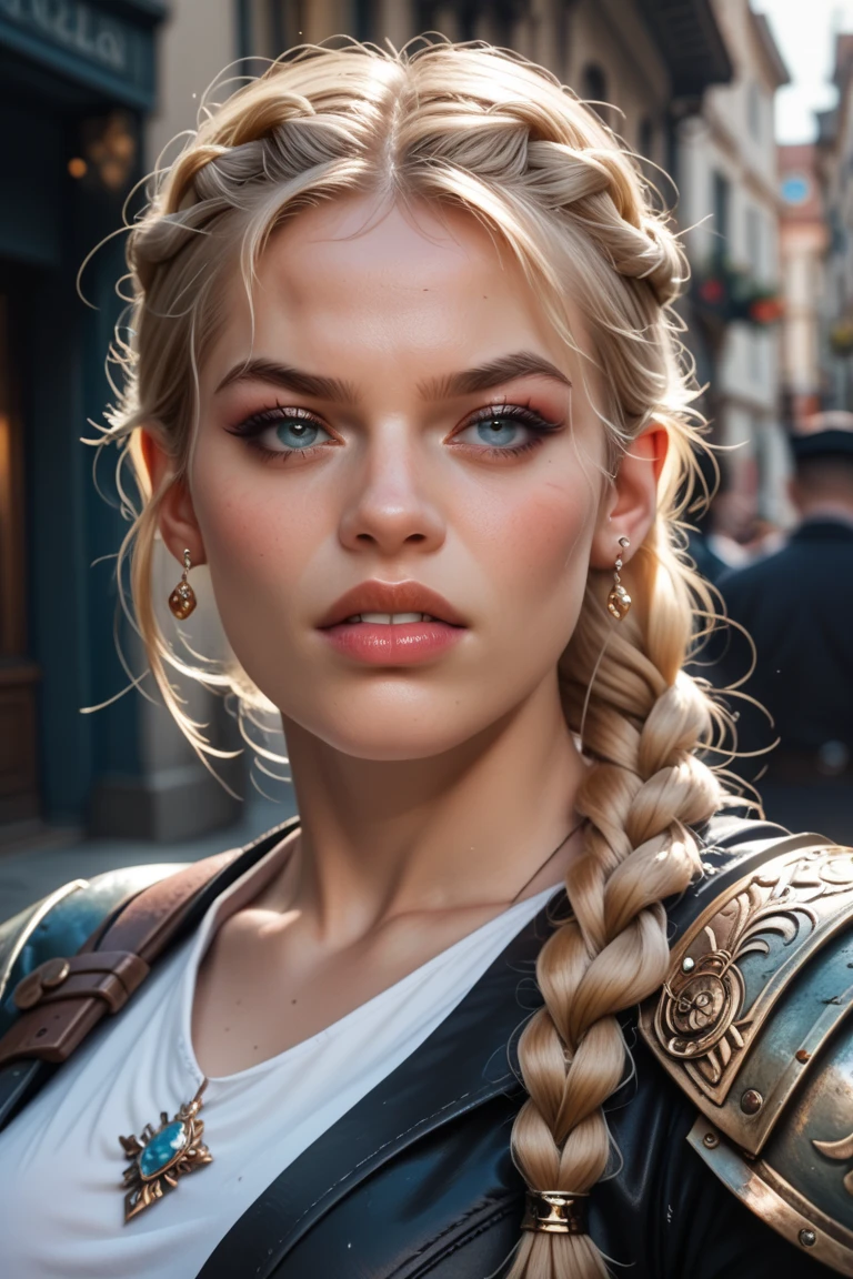 Magrete Berge is strong and determined woman with Nordic warrior aesthetics. She has long, blonde, braided hair with intricate plaits and a fierce expression. Her eyes are piercing and expressive, set against fair skin. She has natural lips that are thinner, with a neutral, slightly downturned shape, closely resembling a Nordic or Viking look. On the street in Oslo.