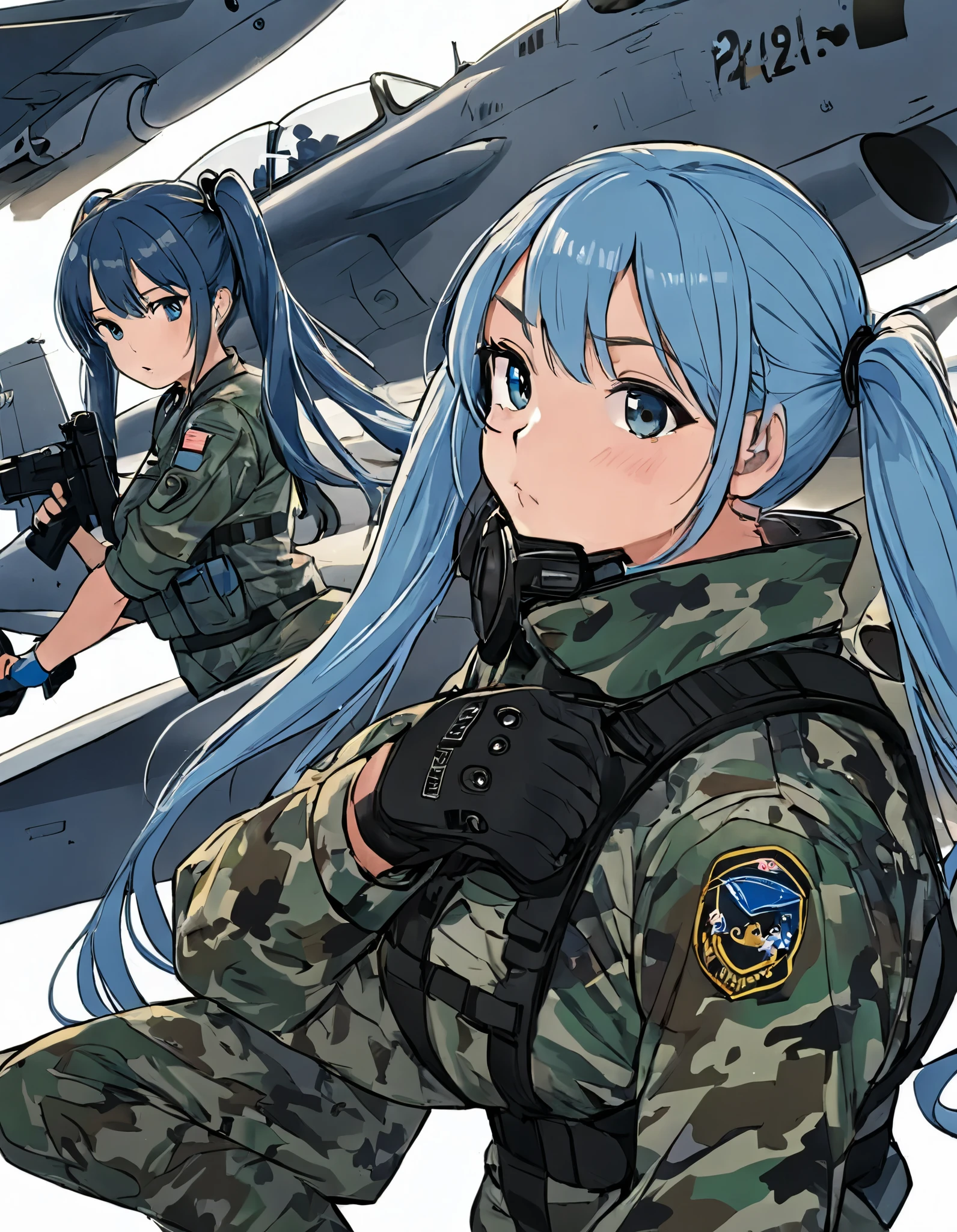  light blue long hair、 Beautiful Girl with Twin Tails 、Self-defense officers wearing camouflage suits、Staring at fighter jets、