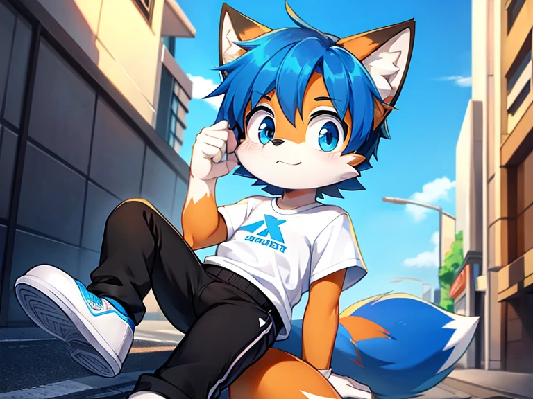 A cartoon boy with a cute face, a fox, short blue hair, a detailed body, a shirt with the X logo, black pants, white shoes, fresh head, high quality, street background. 