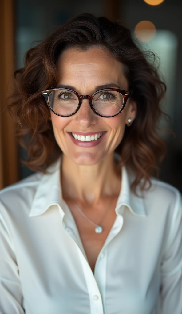 ((beautiful face)), 50 years old busty woman wearing jeans with big hips and big breasts with white button down dress shirt and nice cleavage close up and short brunette hair and glasses