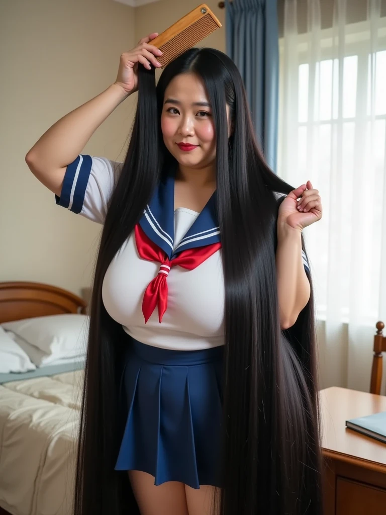 8k,Highest quality, masterpiece, Ultra-high resolution,(masterpiece:1.6, Highest quality), Intricate details, 1 female, Middle-aged woman in her 50s, japanese, full body, top of head,((jet Black Hair)) ,((an absurdly long hair:1.5)), ((forehead:1.5)), Extremely obese, Fat face,round face,Saggy face, crow's feet wrinkies, ((super huge breasts, super gigantic breasts:1.5)), ((super Saggy breasts:1.5)), ((pale skin, shiny skin,red lips))(A mature woman dressed as a high school student、 combing her incredibly long hair , black々 with her shiny, wooden comb in her bedroom :1.5)),(( school uniform,  sailor suit , school knee-length socks :1.2)),(( A bright bedroom during the daytime  , I have a wooden comb and tortoiseshell hair clip on my desk:1.2))