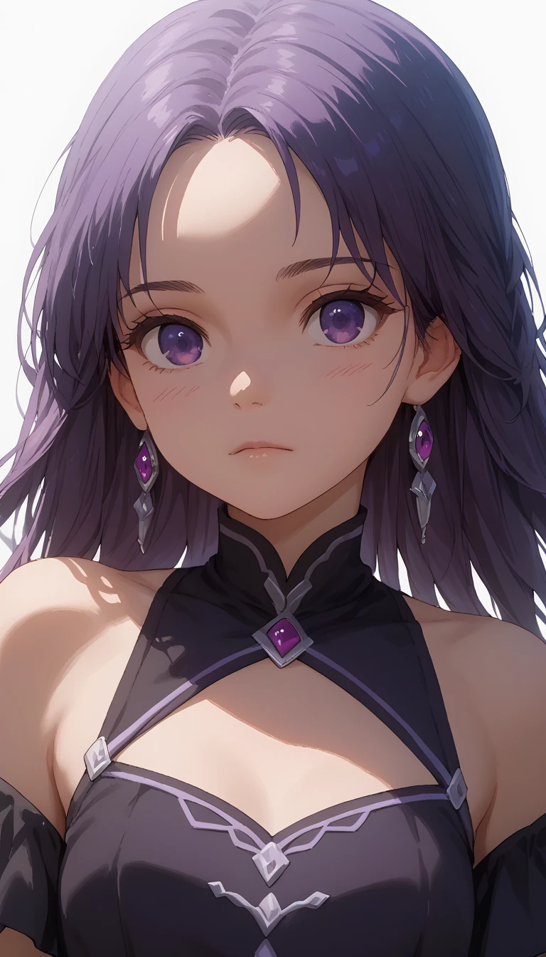 1girl, (Tinasha), black dress, purple eyes, close up, anime, cute, detailed face, open shoulders 
