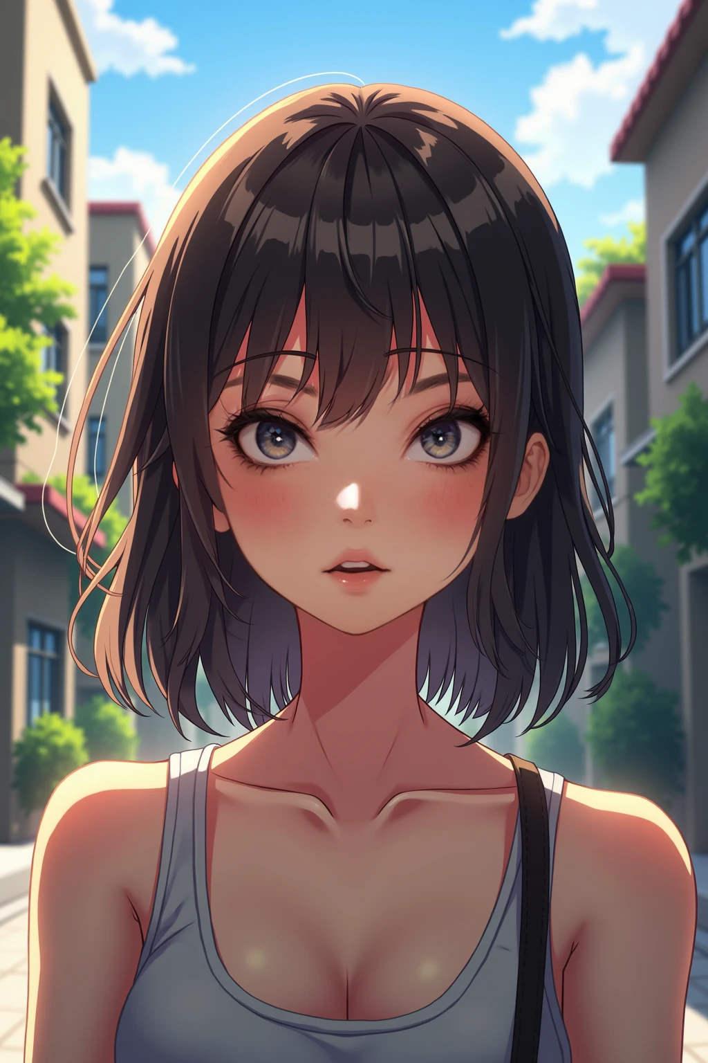 Create a highly detailed digital illustration in a semi-realistic anime-inspired art style. The subject should have expressive and lifelike features, blending realistic proportions with soft, stylized anime elements. Emphasize vibrant, large eyes with nuanced reflections and detailed shading, smooth and clean linework, and natural skin tones with soft gradients and subtle blush. Use dynamic lighting and realistic shadows to add depth, with hair that appears naturally textured and flows gently.
The setting should be an outdoor urban environment with bright, natural lighting, showcasing background elements like buildings, alleyways, and greenery with soft focus or painterly details. Incorporate a balanced mix of realistic textures and stylized design, ensuring the character stands out while blending harmoniously with the environment. Maintain a vibrant yet slightly muted colour palette with precise attention to light and shadow interplay to achieve a cinematic and immersive atmosphere.