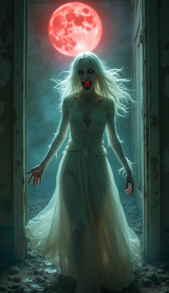 White-haired ghostly woman, rags clad, floats above floor, hair merges with fog, blood-tinted lips, eyes ablaze, terrifying tension, mix of sexuality and fear, deep foggy gray background, 32k resolution, hyperdetailed, sharp focus, studio shot quality, ultra HD, realistic textures, vivid colors, highly detailed, pen and ink textures, perfect composition, beautiful, intricate, on par with octane render trending on artstation, 8k artistic photography, photorealistic concept art, soft natural volumetric cinematic perfect light.