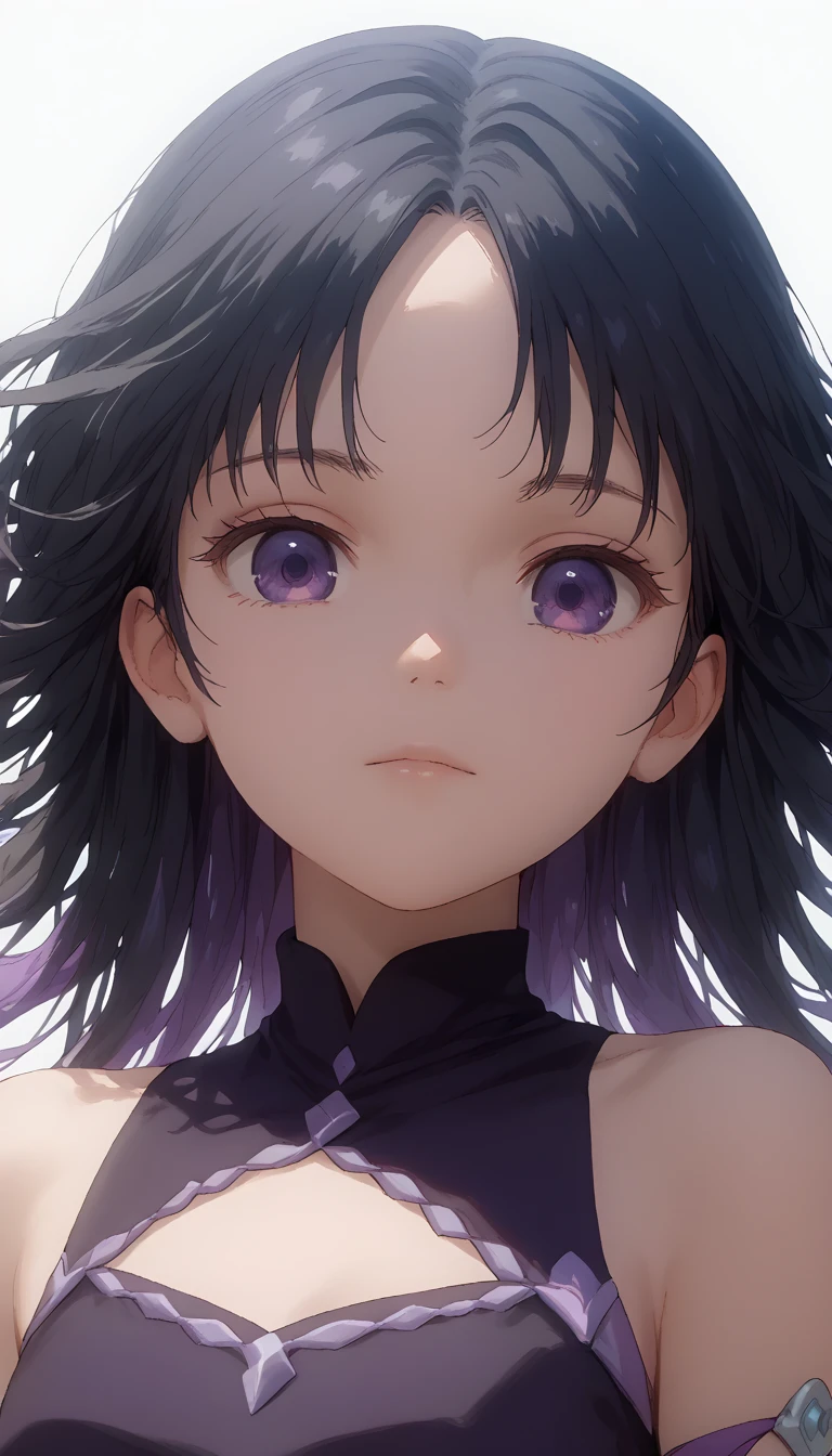 1girl, (Tinasha), black hair, black dress, purple eyes, close up, anime, cute, detailed face, open shoulders, long, dark onyx hair
