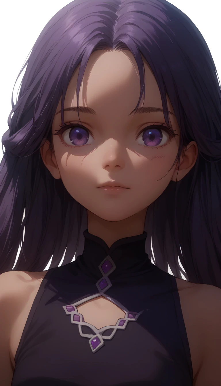 1girl, ((Tinasha)), black dress, purple eyes, close up, anime, cute, detailed face, open shoulders 
