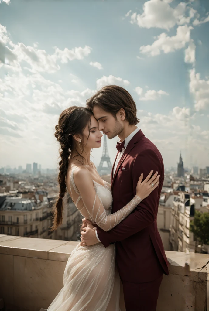 realistic highly detailed couple kissing in front of the Eiffel Tower in Paris, 1 man 1 woman, hyper realistic, beautiful detailed eyes, beautiful detailed lips, extremely detailed eyes and face, long eyelashes, romantic, cinematic lighting, warm color palette, intricate architecture, beautiful sky, epic scale, masterpiece, 8k, photorealistic