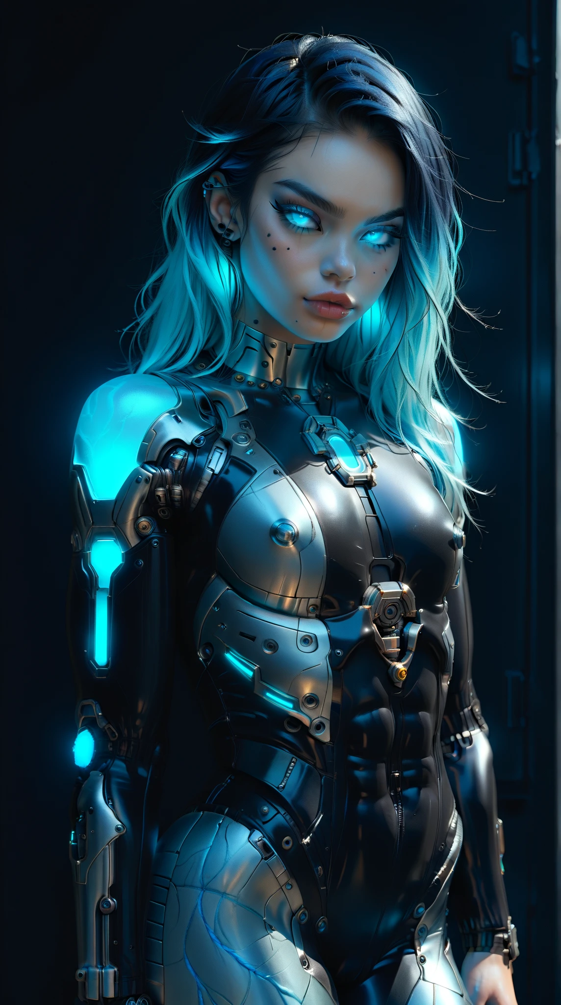 (nsfw:1), (Uncensored:1), score_9, score_8_up, score_7_up, (Three quarters Shot), (1 girl), (asian), beautiful teenage (skinny) muscular goth cyborg girl, (full Cybernetic bodysuit:1.5), (black sclera:1.5), (blue glowing eyes:1.5), (blue glowing body veins:1.5), (flat chest:1.25), (blue glowing hair:1.25), (beautiful face:1.25), (bodybuilder femboy physique:1.25), (skinny long legs:0.75), (intricate gold filagree:1.25), bimbo lips, cowboy shot, cybernetic, mechanoid body parts, exposed cables and circuits, neon lights, gothic neon style, cyber punk style, super realistic image, beautiful digital paint , hyper Realistic illustrations, ImgFixerPre0.3