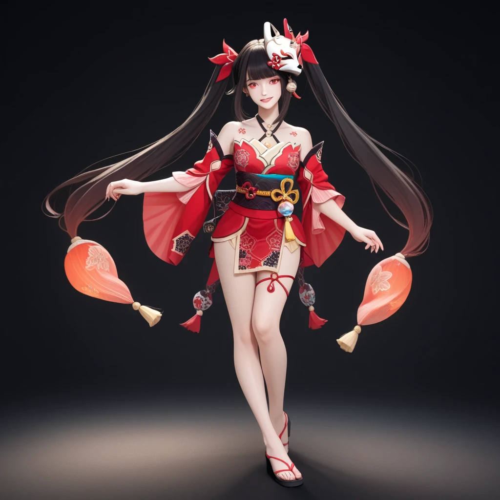 Full body, 1girl, sparkle, long hair, bangs, black hair, hair ornament, twintails, (red eyes:1.3), bell, mask, mask on head, fox mask, standing, black background 