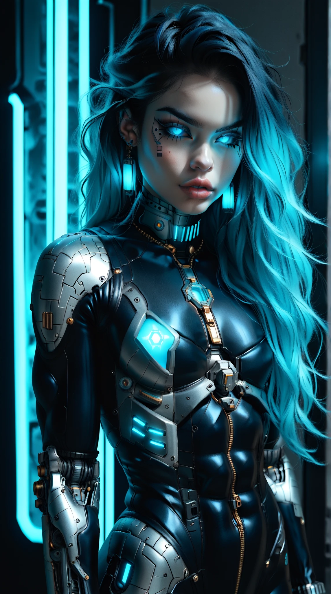 (nsfw:1), (Uncensored:1), score_9, score_8_up, score_7_up, (Three quarters Shot), (1 girl), (asian), beautiful teenage (skinny) muscular goth cyborg girl, (full Cybernetic bodysuit:1.5), (black sclera:1.5), (blue glowing eyes:1.5), (blue glowing body veins:1.5), (flat chest:1.25), (blue glowing hair:1.25), (beautiful face:1.25), (bodybuilder femboy physique:1.25), (skinny long legs:0.75), (intricate gold filagree:1.25), bimbo lips, cowboy shot, cybernetic, mechanoid body parts, exposed cables and circuits, neon lights, gothic neon style, cyber punk style, super realistic image, beautiful digital paint , hyper Realistic illustrations, ImgFixerPre0.3