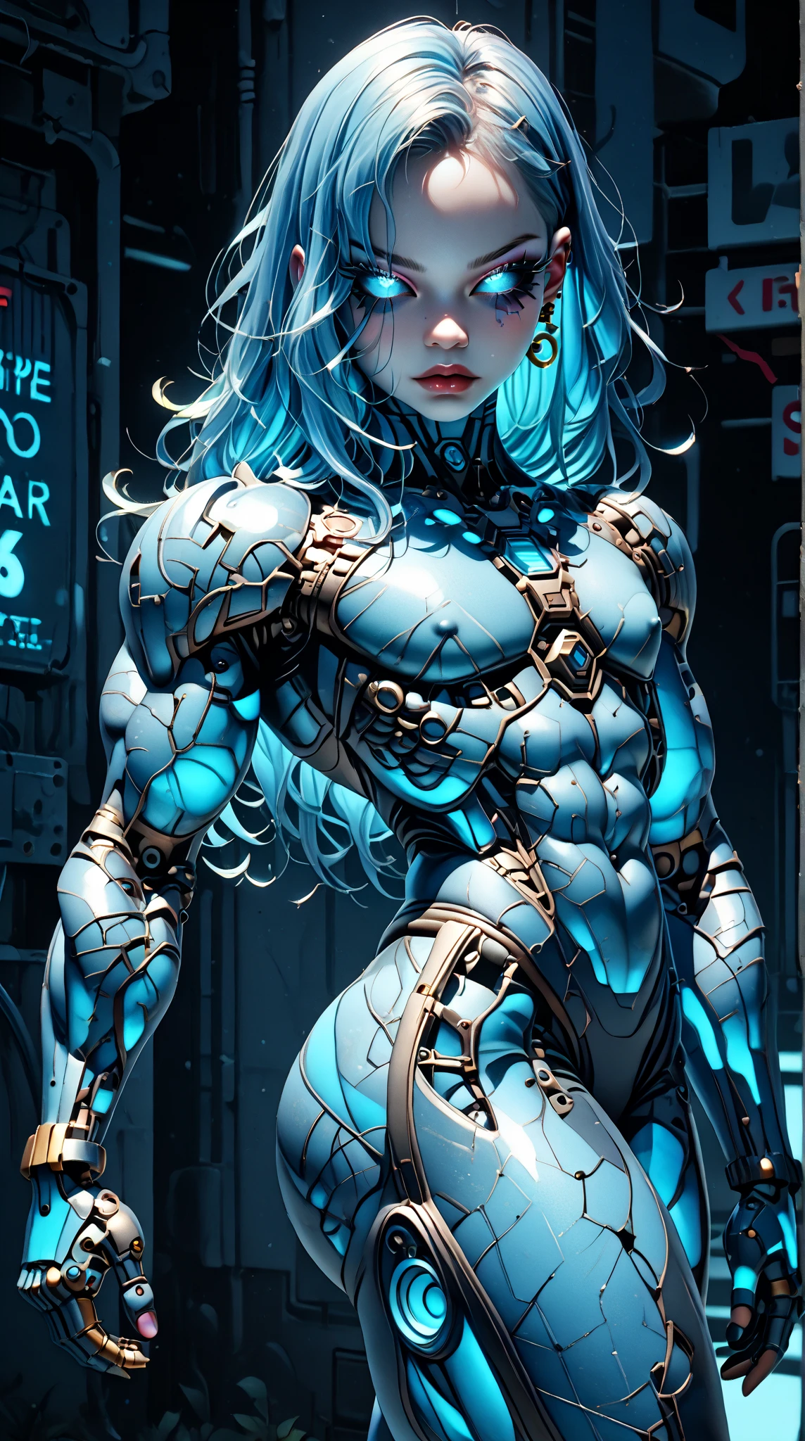 (nsfw:1), (Uncensored:1), score_9, score_8_up, score_7_up, (full body Shot), (1 girl), (asian), beautiful teenage (skinny) muscular goth cyborg girl, (full Cybernetic bodysuit:1.5), (black sclera:1.5), (blue glowing eyes:1.5), (blue glowing body veins:1.5), (flat chest:1.25), (blue glowing hair:1.25), (beautiful face:1.25), (bodybuilder femboy physique:1.25), (skinny long legs:0.75), (intricate gold filagree:1.25), bimbo lips, cowboy shot, cybernetic, mechanoid body parts, exposed cables and circuits, neon lights, gothic neon style, cyber punk style, super realistic image, beautiful digital paint , hyper Realistic illustrations, CyberRealistic_Negative_PONY-neg,CyberRealistic_Negative_PONY