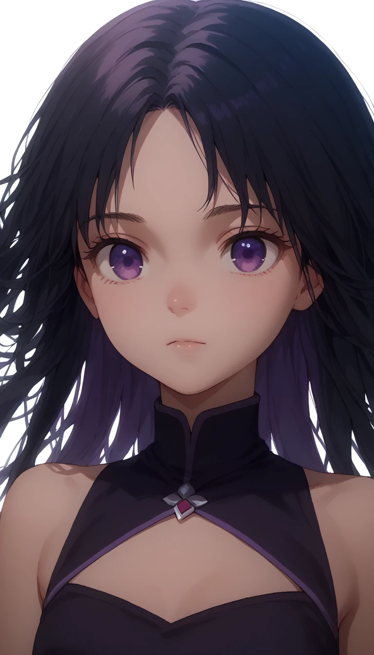 1girl, (Tinasha), black hair, black dress, purple eyes, close up, anime, cute, open shoulders 
