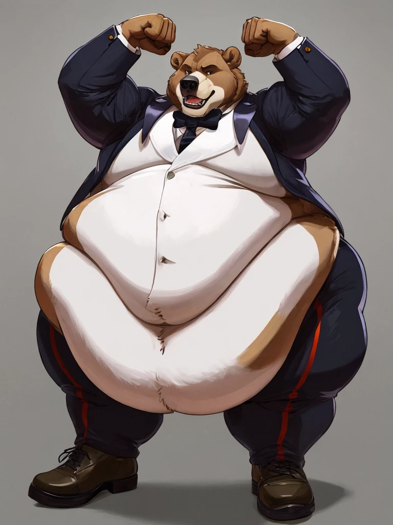 Very extremely morbidly-Obese Grizzly Bear with unbelievably very very very extremely massive overhang white belly, wears shoes, butler, Flexing. 