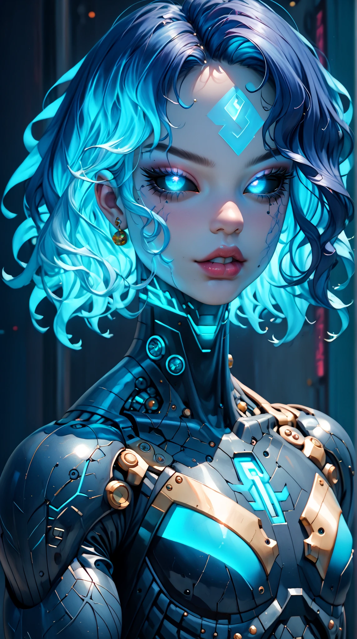 score_9, score_8_up, score_7_up, (Three quarters Shot), (1 girl), (asian), beautiful teenage (skinny) muscular goth cyborg girl, (full Cybernetic bodysuit:1.5), (black sclera:1.5), (blue glowing eyes:1.5), (blue glowing body veins:1.5), (flat chest:1.25), (blue glowing hair:1.25), (beautiful face:1.25), (bodybuilder femboy physique:1.25), (skinny long legs:0.75), (intricate gold filagree:1.25), bimbo lips, cowboy shot, cybernetic, mechanoid body parts, exposed cables and circuits, neon lights, gothic neon style, cyber punk style, super realistic image, beautiful digital paint , hyper Realistic illustrations, CyberRealistic_Negative_PONY-neg,CyberRealistic_Negative_PONY