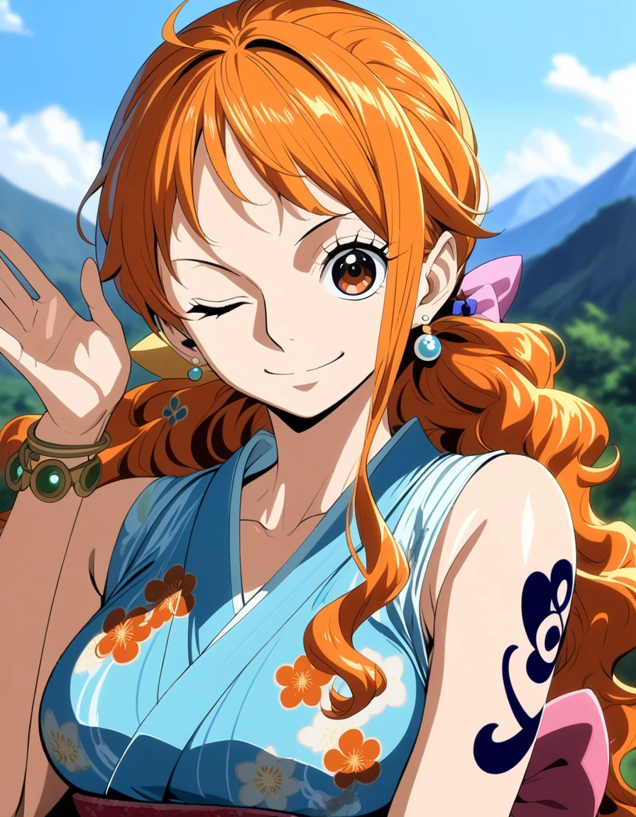 2d, masterpiece, best quality, anime, highly detailed face, highly detailed background, perfect lighting, wano, nami, one piece , 1girl, solo, one eye closed, long hair, smile, jewelry, sash, japanese clothes, obi, orange hair, kimono, bow, light blue kimono, flower, flower print, earrings, looking at viewer, sleeveless kimono, ahoge, ribbon, hair bow, sky, day, bracelet, sleeveless, ;\), blue bow, outdoors, breasts, cloud, closed mouth, ponytail, blue sky, brown eyes, orange eyes, left shoulder tattoo, bare shoulders, very long hair, sidelocks, bangs, collarbone, upper body, left arm tattoo, bare arms, official alternate costume, blurry, hand gesture, alternate costume, medium breasts, blurry background, large breasts, eyelashes, mountain, parody, cloudy sky, sitting, shiny hair, bangle, wavy hair, 