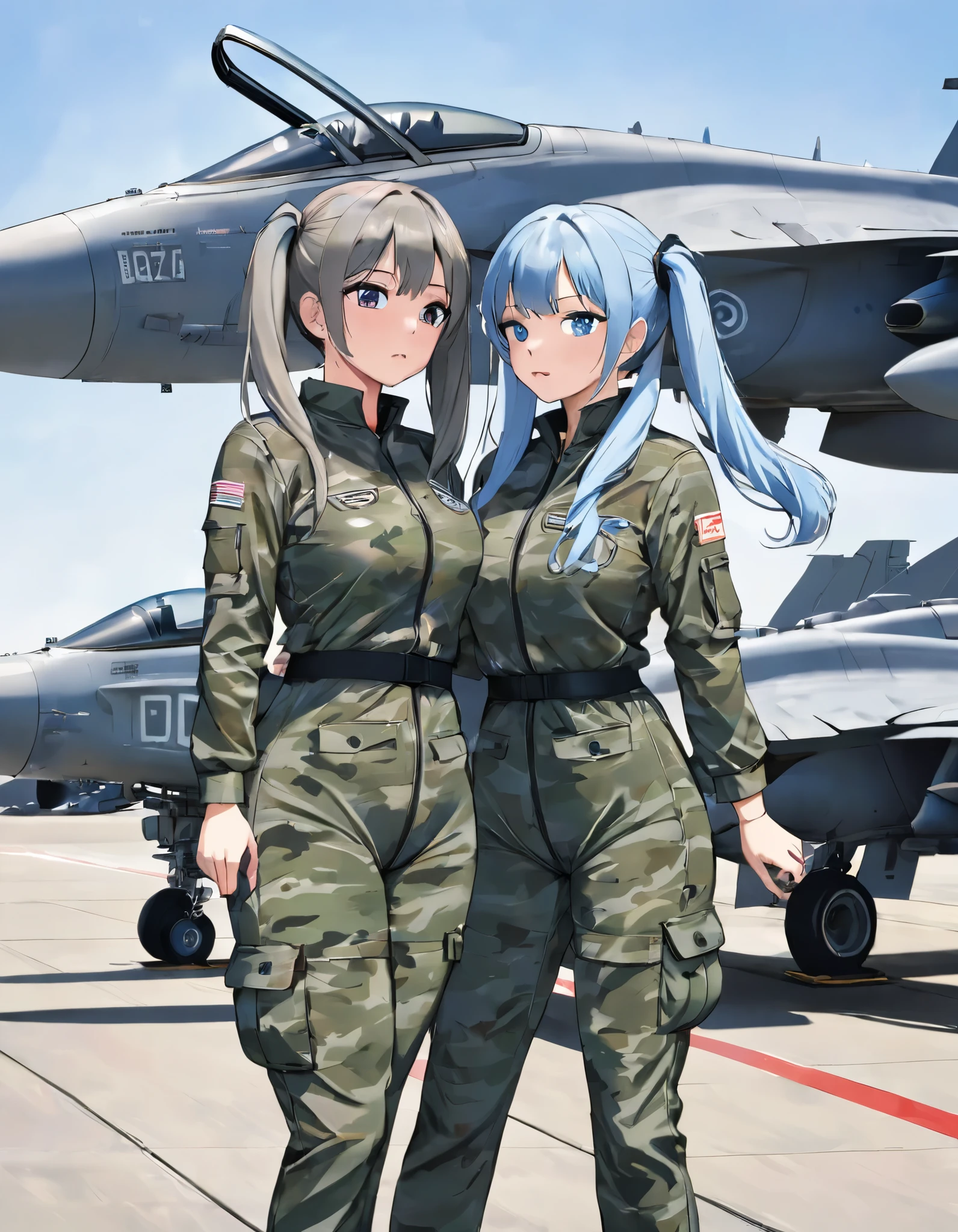  light blue long hair、1 beautiful girl with twin tails、Self-defense officers wearing camouflage suits、Runway、Staring at fighter jets、